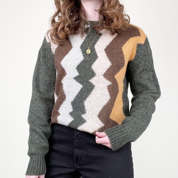 Vintage 100% Wool Zig Zag Knit Sweater Eclectic Grandpa Scandinavian 70s 80s - Picture 1 of 8